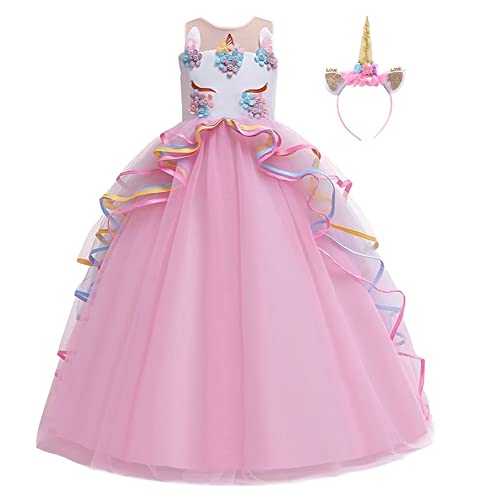 HIHCBF Einhorn-Kostüm für Mädchen, Festzug, Prinzessin, Partykleid, Hochzeit, Geburtstag, Halloween, Karneval, langes Maxikleid mit Stirnband, Rosa, Größe 10–11 Jahre HIHCBF Einhorn-Kostüm für Mädchen, Festzug, Prinzessin, Partykleid, Hochzeit, Geburtstag, Halloween, Karneval, langes Maxikleid mit Stirnband, Rosa, Größe 10–11 Jahre von HIHCBF