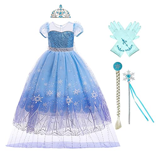 HIHCBF Frozen Elsa Kostüm Pailletten Prinzessin Geburtstag Kleid für Mädchen Halloween Weihnachten Party Ballkleid mit Zubehör Blau 7-8T von HIHCBF