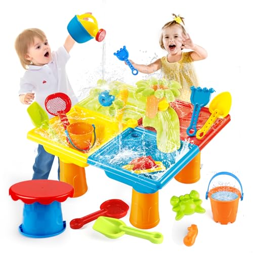 Wasserspieltisch für Kinder, 3-in-1 Sand und Wassertisch für Outdoor Aktivität Sommer, Wasser Spieltisch für Strand Garten Hinterh, Matschtisch Strandtisch für Kinder Mädchen Junge 3 4 5 6 7 Jah von HIHNKICH