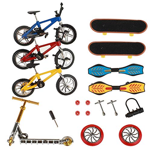 HIHOBDAY Mini-Finger-Spielzeug-Set, Mini-Scooter, Finger-Skateboards, Finger-Bikes, kleines Schaukelbrett mit Ersatzrädern und Werkzeugen (18 Stück) von HIHOBDAY