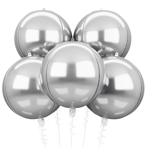 4D Silber Folienballons, 5 Stück 22 Zoll Groß 4D Silber Foil Ballons Silber Runde Luftballons Helium Ballons für Babyparty Geburtstag Party Dekoration Hochzeiten von HILAVO