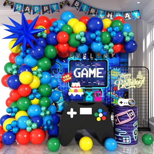 HILAVO Luftballon Girlande Rot Blau Grün Gelb Regenbogen Party Luftballons Set mit Blaue Stern Folienballons Blaue Grüne Metallic Latexballon für Gaming Zirkus Super Held Babyparty Geburtstag Deko von HILAVO