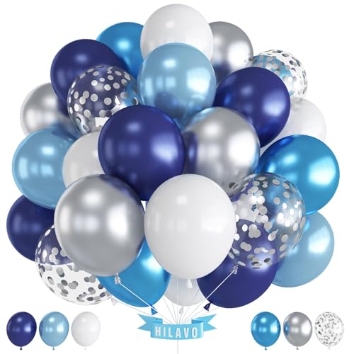 Luftballons Blau Silber 12 Zoll Marineblau Silber Weiß Luftballons Set Royal Nachtblau Metallic Silber Party Ballons für Jungen Männer Abschluss Ruhestand Hochzeit Babyparty Geburtstag Feier Deko von HILAVO