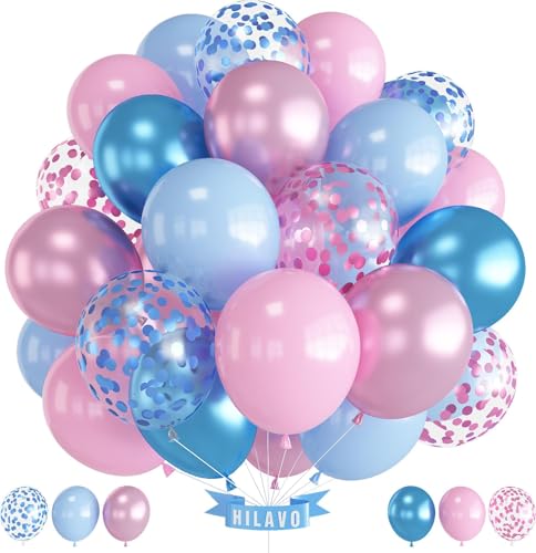 Luftballons Rosa Blau 12 Zoll Pastell Rosa Blau Luftballons Set Gender Reveal Boys or Girls Metallic Blau Pink Konfetti Ballons für Kinder Macaron Thema Brautparty Babyparty Geburtstag Party Deko von HILAVO