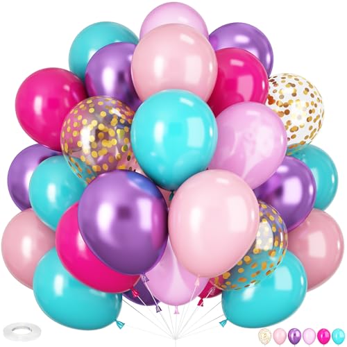 Meerjungfrau Luftballons, 60 Stück 12 Zoll Lila Rosa Blau Luftballons Metallic Lila Gold Konfetti Ballon für Mädchen Geburtstag Babyparty Deko von HILAVO