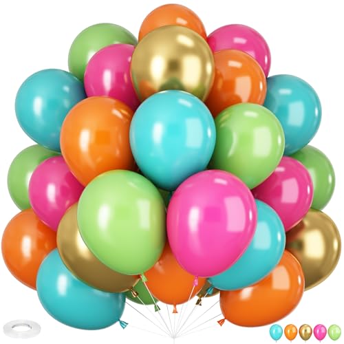 Luftballons Tropische, 60 Stück 12 Zoll Rosarot Orange Grüne Türkisblaue Luftballons Gold Metallic LatexBallons für Babyparty Geburtstag Hawaii Party von HILAVO