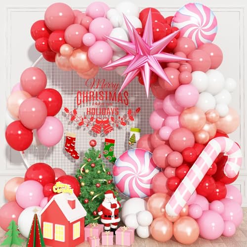 Luftballon Girland Weihnachten, 146 Stück Rot Rosa Weiß Rosegold Ballon Girlande Weihnachts Deko mit Süssigkeit Zuckerstange Explosion Stern Folienballon für Mädchen Babyparty Weihnachts Party von HILAVO