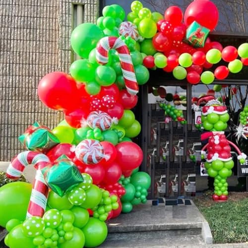 Weihnachten Luftballon Girland, 113 Stück Fruchtgrün Rot Dunkelgrün Ballon Girlande Weihnachts Deko mit Süssigkeit Zuckerstangen Folienballon für Outdoor Neujahr Weihnachts Party Dekoration von HILAVO