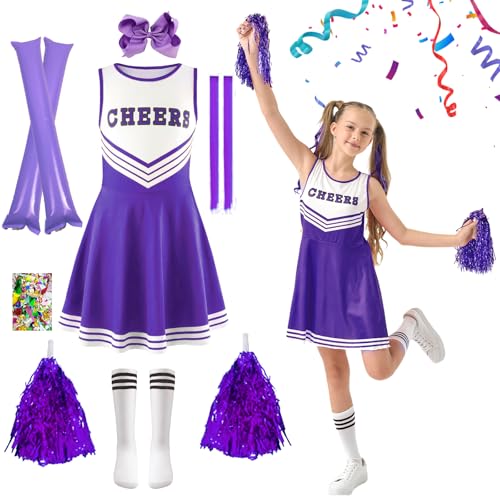 Cheerleader Kostüm Kinder, Cheerleadering Outfit Mädchen, Cheer Uniform Outfit Kleid, Schulkind Cheer Kostüm Outfit mit Pompons, Kopfschmuck, Socken Karneval Dress Up Fasching Party Kostüm(Lila, 150) von HILKKET