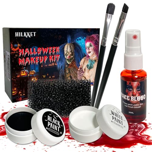 HILKKET 6pcs Halloween Schminke Set, Schwarz Weiß Gesichtsfarbe, Kunstblut Spray, Wunden Schminken Set, Halloween Spezialeffekt Make up, Kinderschminke Makeup für Vampir Monster Zombie Braut von HILKKET