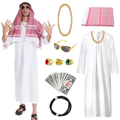 HILKKET Araber Kostüm, Scheich Kostüm Herren, Arabisches Weißes Gewand mit Kopftuch für Karnevals, Party, Cosplay (2XL) von HILKKET