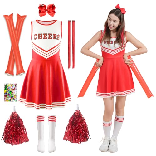 HILKKET Cheerleader Kostüm Kinder, Cheerleadering Outfit Mädchen, Cheerleading Kleid Cheer Uniformen mit Pompoms, Socken und Haarzubehör, Kinder Cheer Outfit (Rot, S) von HILKKET