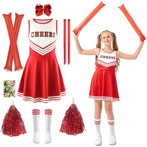 HILKKET Cheerleader Kostüm Kinder, Cheerleading Uniform Kleid, Cheerleadering Outfit Mädchen mit Pompoms, Socken und Kopfschmuck, Schulkind Cheer Kostüm Outfit für Karneval Party (Rot, 140) von HILKKET