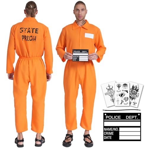 HILKKET Häftling Kostüm Herren, Herren Gefangener Kostüm, Orange Sträfling Kostüm, Overall Prisoner Costume Herren Damen Mottoparty Karneval (M) von HILKKET