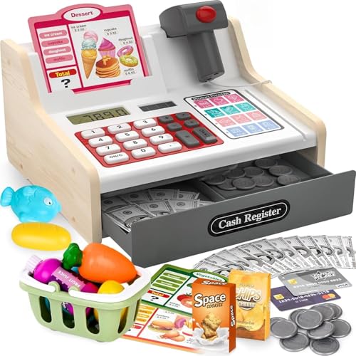 Kasse Kinder Holz mit Scanner und Sound, Spielkasse Kinder Set für Jungen Mädchen ab 3-6 Jahren, Elektronische Spielzeug Kaufladen Zubehör, Kinderkasse Kaufladen Rollenspiel Geschenk Kasse Kinder Holz mit Scanner und Sound, Spielkasse Kinder Set für Jungen Mädchen ab 3-6 Jahren, Elektronische Spielzeug Kaufladen Zubehör, Kinderkasse Kaufladen Rollenspiel Geschenk von HILKKET