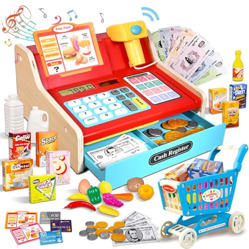 Kasse Kinder Holz mit Scanner und Sound, Spielkasse Kinder Set für Jungen Mädchen ab 3-6 Jahren, Elektronische Spielzeug Kaufladen Zubehör, Kinderkasse Kaufladen Rollenspiel Geschenk Kasse Kinder Holz mit Scanner und Sound, Spielkasse Kinder Set für Jungen Mädchen ab 3-6 Jahren, Elektronische Spielzeug Kaufladen Zubehör, Kinderkasse Kaufladen Rollenspiel Geschenk von HILKKET