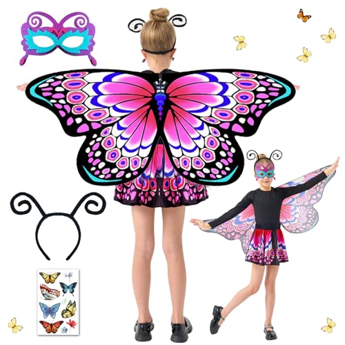 Schmetterling Sling Umhang für Kinder, 5 Pcs Schmetterlingsflügel für Mädchen Mit Maske, Tutu Rock, Tüllrock Haarreif Tattoos Schmetterling Flügel Kostüm, Feenflügel Prinzessin Elfen 117 x 47cm (B) von HILKKET