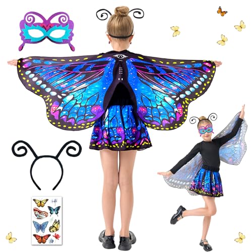 Schmetterling Sling Umhang für Kinder, 5 Pcs Schmetterlingsflügel für Mädchen Mit Maske, Tutu Rock, Tüllrock Haarreif Tattoos Schmetterling Flügel Kostüm, Feenflügel Prinzessin Elfen 117 x 47cm (C) von HILKKET