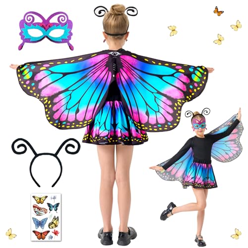 Schmetterling Sling Umhang für Kinder, 5 Pcs Schmetterlingsflügel für Mädchen Mit Maske, Tutu Rock, Tüllrock Haarreif Tattoos Schmetterling Flügel Kostüm, Feenflügel Prinzessin Elfen 117 x 47cm (D) von HILKKET