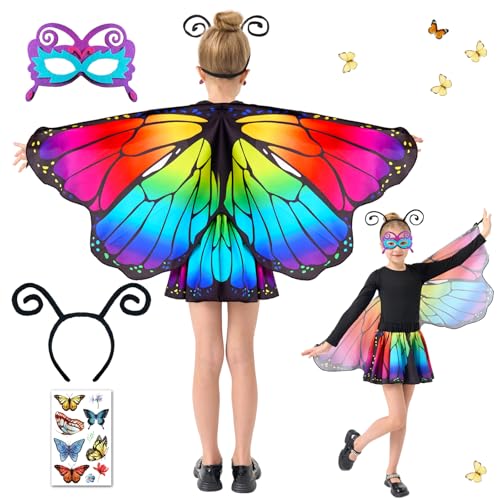 Schmetterling Sling Umhang für Kinder, 5 Pcs Schmetterlingsflügel für Mädchen Mit Maske, Tutu Rock, Tüllrock Haarreif Tattoos Schmetterling Flügel Kostüm, Feenflügel Prinzessin Elfen 117 x 47cm (A) von HILKKET