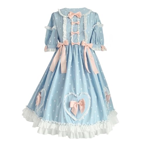 HIMI HIMIFASHION Lolita Kurzärmeliges Prinzessinnenkleid für Teenager, süße Schleife, gepunktet, Cosplay-Kostüm, Rüschen, A-Linie, Partykleider, blau, XXXXL von HIMI HIMIFASHION