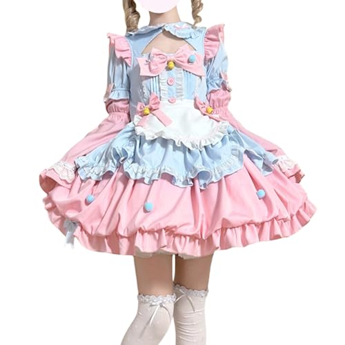 Japanisches süßes Lolita-Prinzessinnenkleid, Teenager, niedliche Schleife, Dienstmädchen-Schürze, Kostüm, Anime, Party, Cosplay-Kostüm, Blau/Pink, 38 von HIMI HIMIFASHION