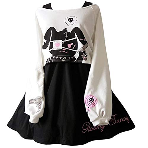 Niedliches Kleid für Teenager-Mädchen, Kawaii-Hasen-Druck, elastische Taille, A-Linie, lässig, zweiteiliges Set, Kleid für Frühling und Herbst, schwarz / weiß, L von HIMI HIMIFASHION