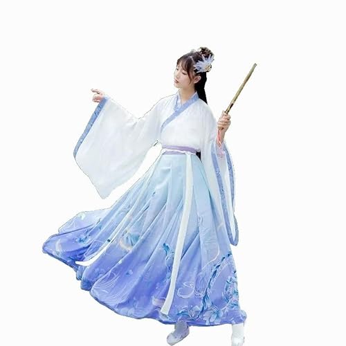 3-teiliges Hanfu-Set for Paare mit großen Ärmeln und Rock - Frühling, Sommer, Herbst, chinesischer Stil, Muster, Farbverlauf, Damenbekleidung(White1,M) von HIMKSRE