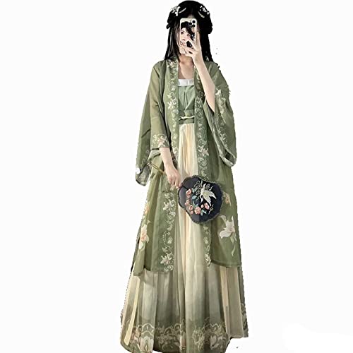 HIMKSRE 3-teiliger grüner traditioneller chinesischer Hanfu – Frühlings- und Sommermantel mit Hosenträgern und großen Ärmeln, Damenkleidung for den Alltag, Faltenrock(L) von HIMKSRE