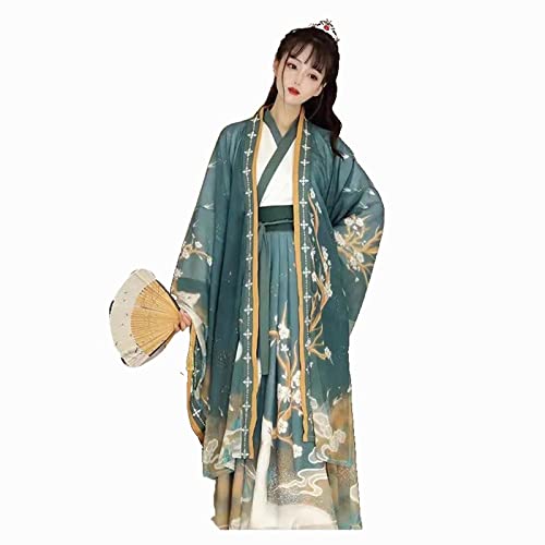 HIMKSRE Antiker Hanfu-Feenrock mit Farbverlauf und Elchmuster, China, traditionelle Damenbekleidung, Prinzessinnenkleid, Bühnenshow, Cosplay(Green1,L) von HIMKSRE