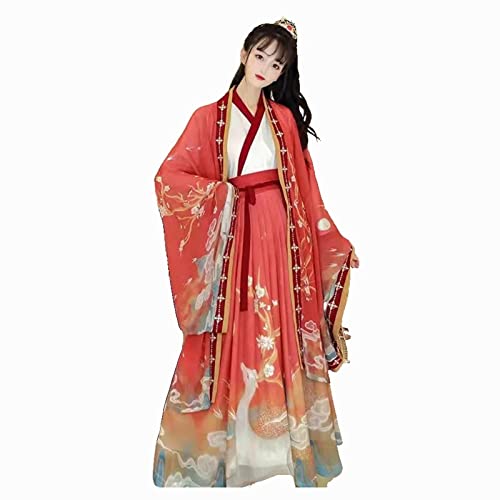 HIMKSRE Antiker Hanfu-Feenrock mit Farbverlauf und Elchmuster, China, traditionelle Damenbekleidung, Prinzessinnenkleid, Bühnenshow, Cosplay(Red1,L) von HIMKSRE