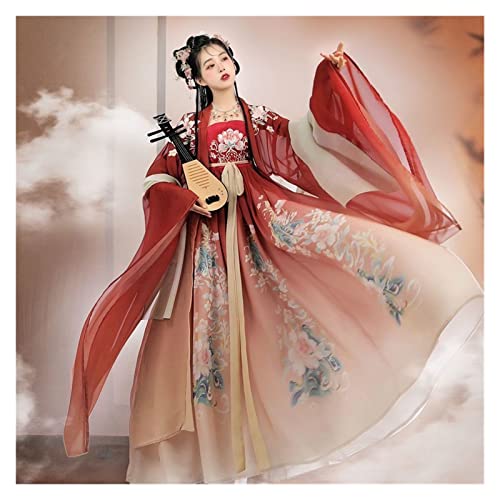 HIMKSRE Chinesische Frauen Hanfu Kostüm Fee Cosplay Kostüm Tanzkleid Party Outfit Hanfu Blau Rot Sets for Frauen Plus Größe XL(Red full set,L) von HIMKSRE