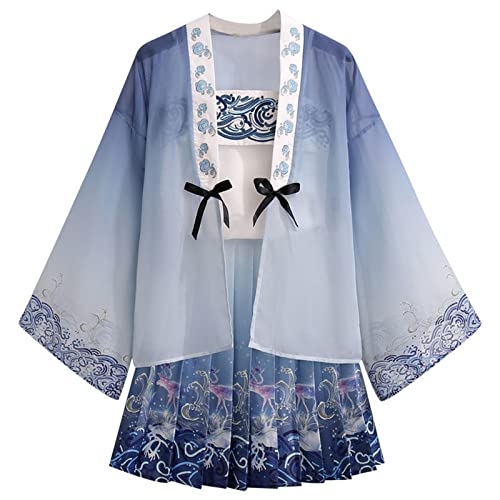 HIMKSRE Chinesische Kleidung Hanfu Dreiteiliges Set Mädchen Chinesischen Stil Traditionelle Fee Folk Kimono Sommer Kurzen Rock Anzug(3XL) von HIMKSRE