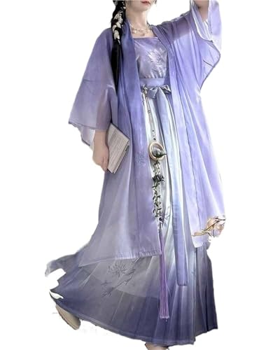 HIMKSRE Chinesisches Hanfu-Kleid for Damen, modernes Hanfu-Kostüm for Frauen, Song-Dynastie, lila, lange Strickjacke + Leibchen + Rock, 3-teilig(XS) von HIMKSRE