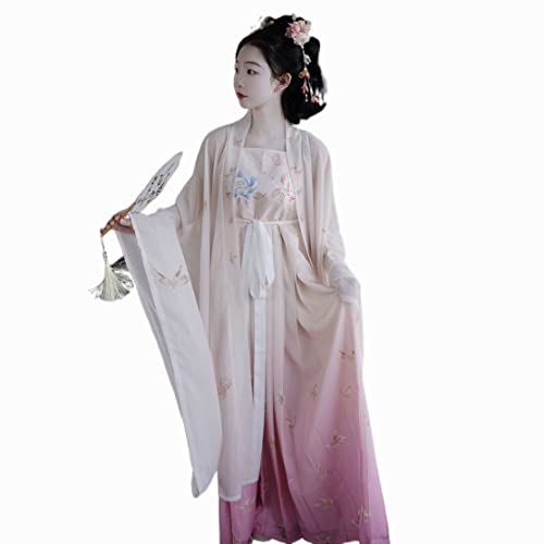 HIMKSRE Chinesisches traditionelles Hanfu-Tang-System, Hemd mit großen Ärmeln und Hezi-Rock, feines Feenkleid aus Chiffon mit Stickerei(Beige pink 4.5 meters,M) von HIMKSRE