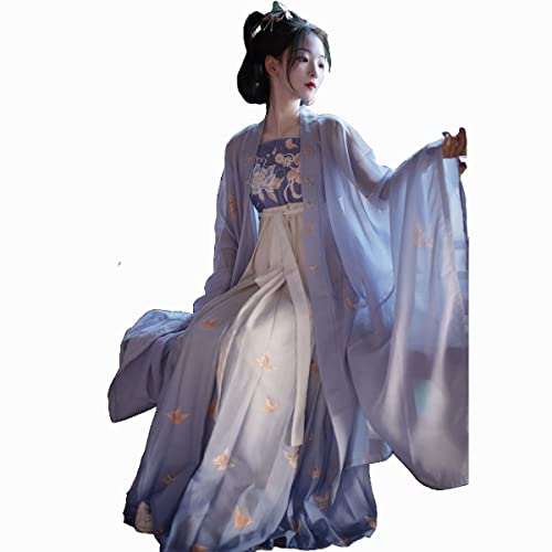 HIMKSRE Chinesisches traditionelles Hanfu-Tang-System, Hemd mit großen Ärmeln und Hezi-Rock, feines Feenkleid aus Chiffon mit Stickerei(Blue 4.5 meters,L) von HIMKSRE