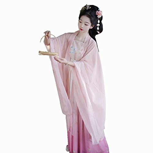 HIMKSRE Chinesisches traditionelles Hanfu-Tang-System, Hemd mit großen Ärmeln und Hezi-Rock, feines Feenkleid aus Chiffon mit Stickerei(Pink 4.5 meters,L) von HIMKSRE