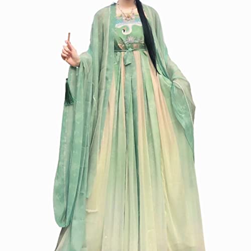 HIMKSRE Cosplay-Kostüm, Hanfu, Frühlings- und Sommerkleidung for Damen, Hezi-Rock, Schönheit unter dem Mond, Hanfu, Hemdkleid mit großen Ärmeln, Tang-System, 2-teiliges Chiffon-Set(Green 3 meters,XS) von HIMKSRE