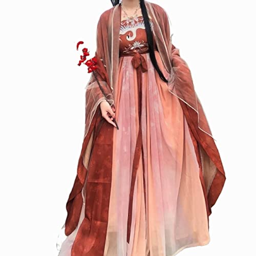 HIMKSRE Cosplay-Kostüm, Hanfu, Frühlings- und Sommerkleidung for Damen, Hezi-Rock, Schönheit unter dem Mond, Hanfu, Hemdkleid mit großen Ärmeln, Tang-System, 2-teiliges Chiffon-Set(Orange 6 meters,L) von HIMKSRE