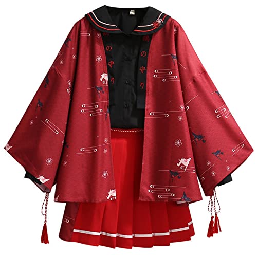 HIMKSRE Frauen Frühling Hanfu Chinesischen Stil Sweatshirt + Mantel + Kurzen Rock Drei-stück Anzug Rock Langarm Print Set(L) von HIMKSRE