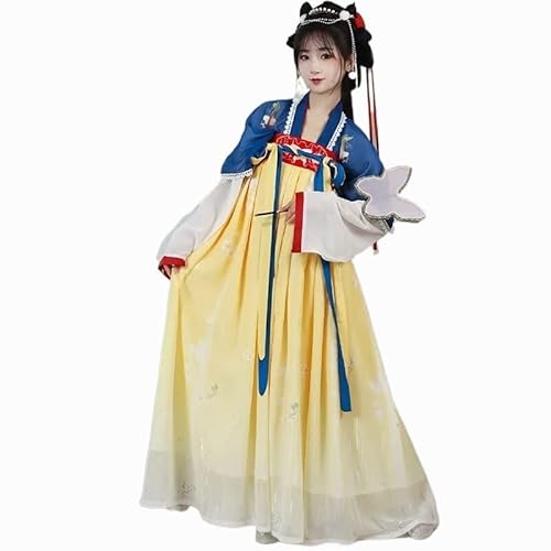 HIMKSRE Frühling und Sommer Chiffon Hanfu - Damen Tang Kleidung Kleid Märchen Prinzessin Rock 3Stk Blau Gelb Süßes Mädchen(L) von HIMKSRE