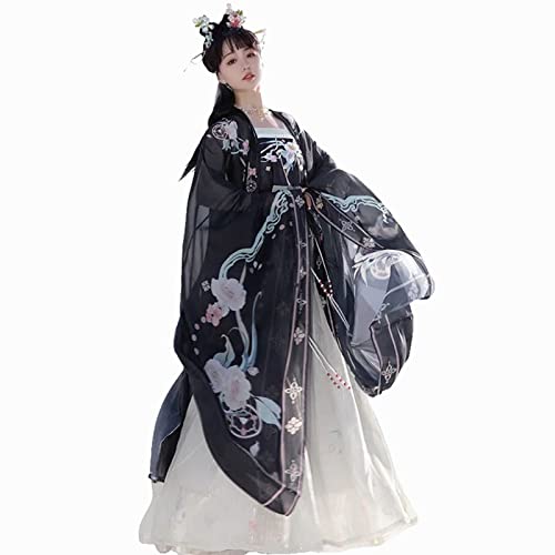 HIMKSRE Hanfu Frühling Sommer Damen Kleid Hanfu Chinesisches Traditionelles Tang System Hezi Rock Stickerei 2-teiliges Set Chiffon Schön(Black1,XL) von HIMKSRE