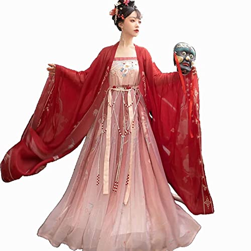 HIMKSRE Hanfu Frühling Sommer Damen Kleid Hanfu Chinesisches Traditionelles Tang System Hezi Rock Stickerei 2-teiliges Set Chiffon Schön(Red1,XL) von HIMKSRE