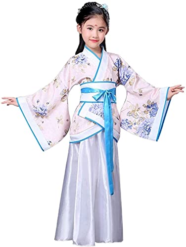 HIMKSRE Mädchen Damen Hanfu Kleid Sets Alten Chinesischen Stil Retro Elegante Damen Mädchen Prinzessin Kleid Tang-anzug(Blue White,100) von HIMKSRE