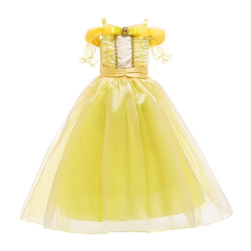 HIMKSRE Mädchen Kostüm Prinzessin Weihnachten Karneval Cosplay Dress Up Halloween Die Schöne und Das Biest Kleid Schulterfrei Geburtstag(120) von HIMKSRE