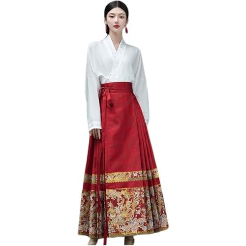 HIMKSRE Mamian-Rock for Damen im chinesischen Stil, Pferdegesichtsrock und weißes Set, Elegantes chinesisches Retro-Hanfu-Cosplay-Kostüm(Red1) von HIMKSRE