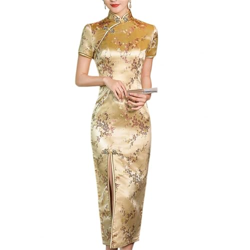 HIMKSRE Mandarin Kragen Kurzarm Disc Schnallen Dame Cheongsam Chinesischen Stil Stickerei Plum Blossom Print Split Qipao for Hochzeit(Golden,M) von HIMKSRE