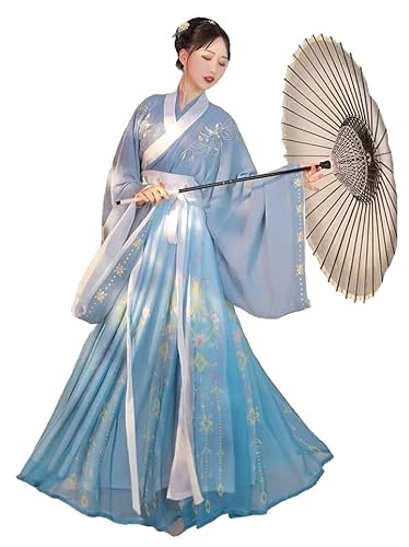 HIMKSRE Traditionelles Hanfu-Kostüm aus China – Tanzkleidungsset der Tang-Dynastie for Damen, Kleid aus der alten Han-Dynastie, orientalischer Prinzessinnenrock(Blue1,L) von HIMKSRE