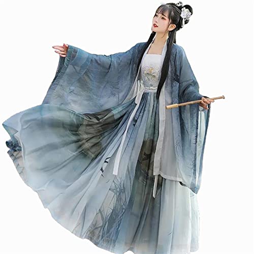 HIMKSRE Traditionelles chinesisches Kostüm - 4-teiliges Damenkostüm im chinesischen Stil, Hanfu, Tang-System, Show-Set for junge Mädchen(Blue1,L) von HIMKSRE