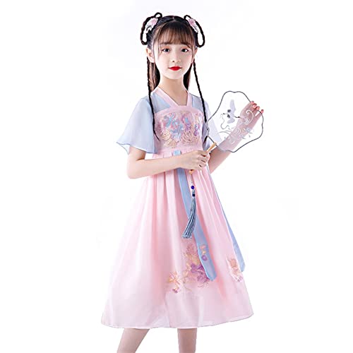 Kind Chinesischen Hanfu Stil Alte Stickerei Kleid Mädchen Kurzarm Flauschigen Kostüm Party Abend Leistung Prinzessin Rock Hanfu(120) von HIMKSRE